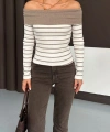 Çizgili madonna yaka kaşkorse bluz bej a844