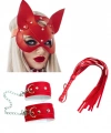 Fantezi Deri Seksi Kırmızı Kedi Maske Kelepçe Kırbaç Seti ( 3lü Set)