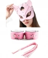 Fantezi Deri Seksi Pembe Kedi Maske Kelepçe Kırbaç Seti ( 3lü Set)
