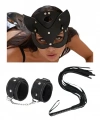 Fantezi Deri Seksi Siyah Kedi Maske Kelepçe Kırbaç Seti ( 3lü Set)