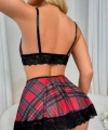 Fantezi Seksi Dantelli Ekose Sütyen Mini Etek Takım