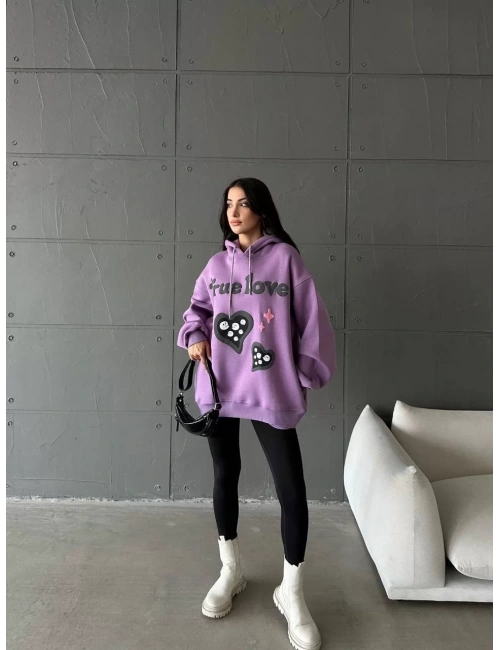 3 iplik şardonlu oversize compact true baskılı sweat mor