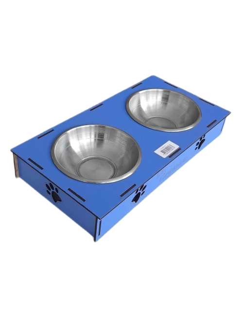 Ahşap Sehpalı İkili Devrilmez Kedi Köpek Su Ve Mama Kabı 34 cm - 300 ml Mavi