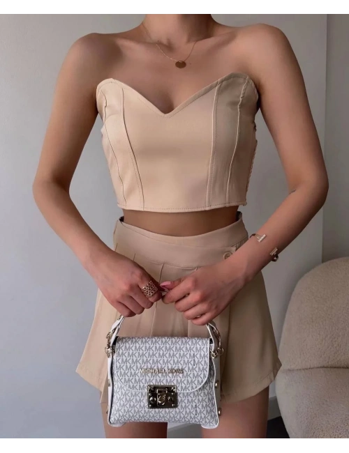 Arkadan büzgülü esnek büstiyer bej