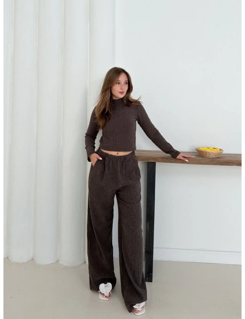 Balıkçı yaka örme takım kahve st265865