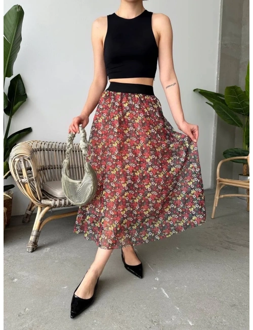 Baskılı astarlı uzun etek