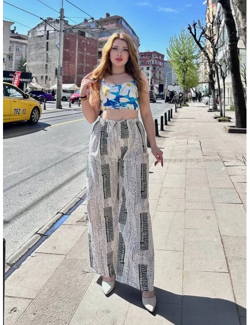 Baskılı Bağcıklı keten pantolon krem