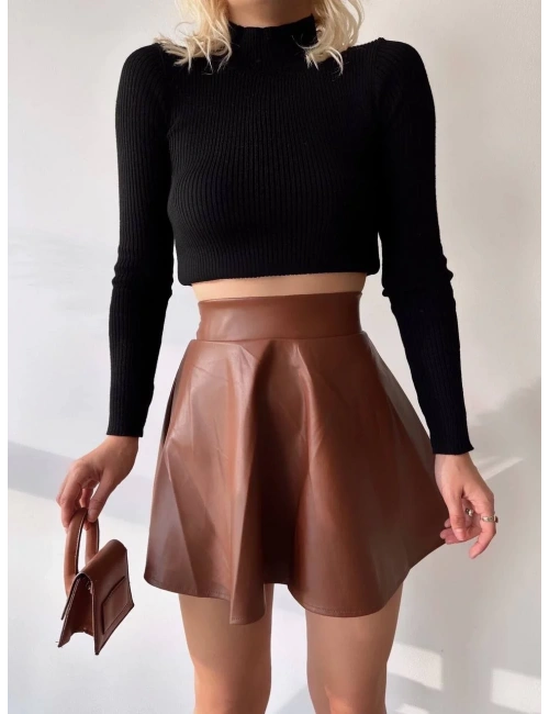 Beli lastikli deri etek kahve s24599