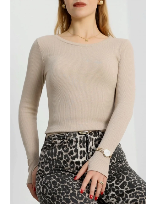 Bisiklet Yaka Parmak Geçmeli Kaşkorse bluz bej a3829