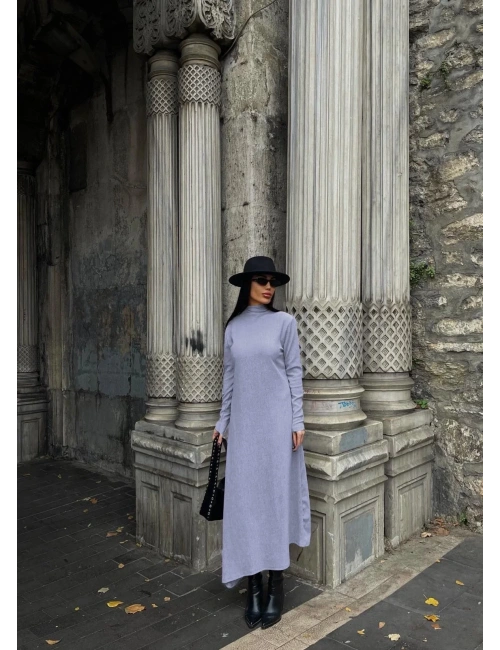 Boğazlı kalın bürümcük uzun elbise gri