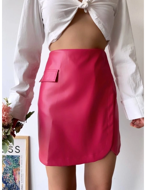 Cep detaylı oval kapaklı deri etek fuşya h240048
