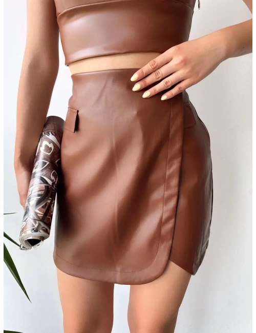 Cep detaylı oval kapaklı deri etek kahve h240048