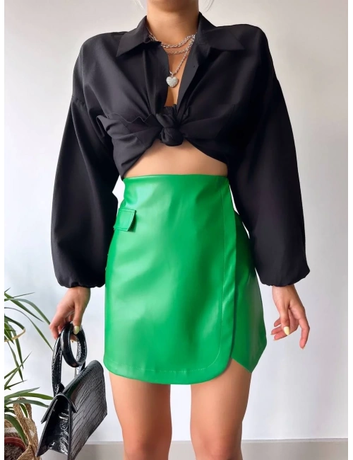 Cep detaylı oval kapaklı deri etek yeşil h240048