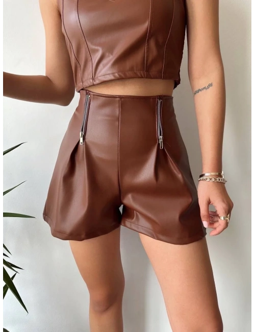 Çift fermuarlı deri şort kahve h24394
