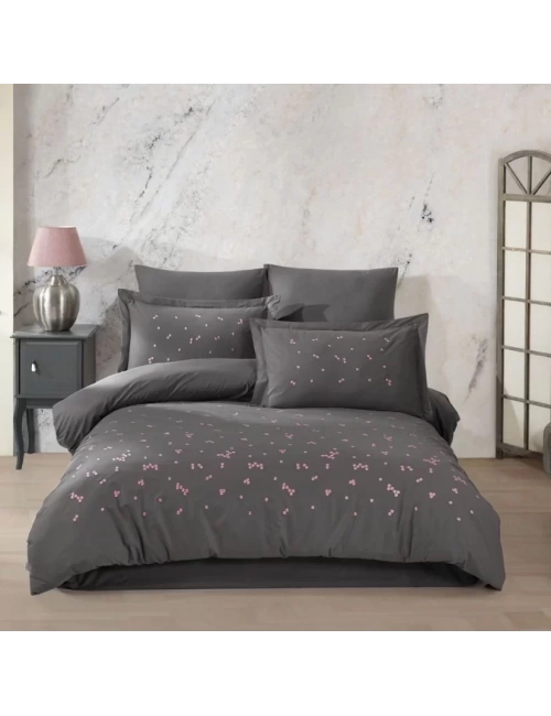 Çift Kişilik Poplin Premium Nakışlı Nevresim Spring Gri