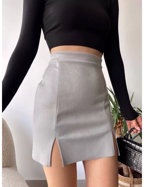 Çift yurtmaçlı süet etek gri s241002