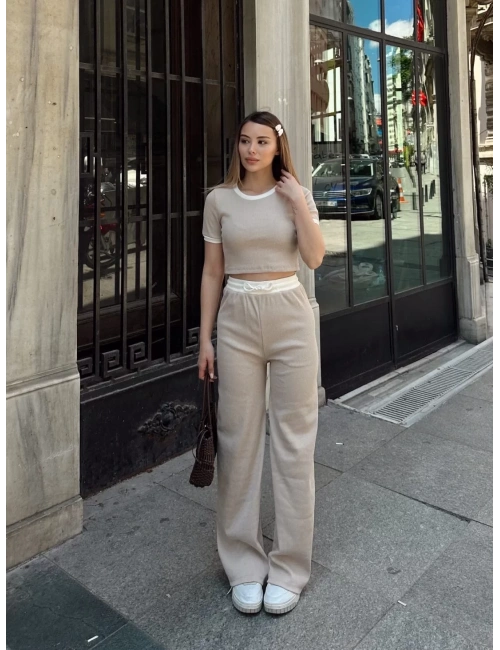 Crop pantolon biyeli takım bej