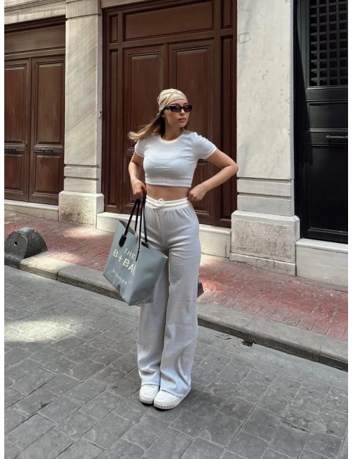 Crop pantolon biyeli takım gri