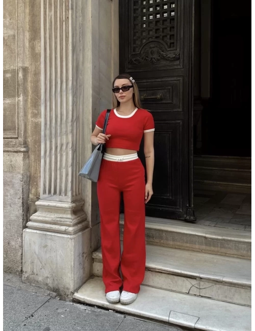 Crop pantolon biyeli takım kırmızı