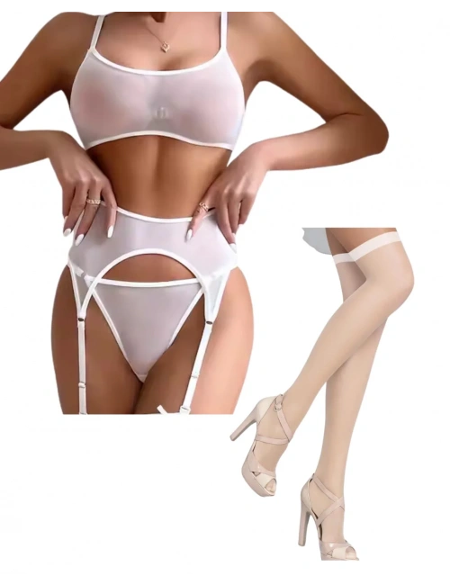 Fantezi Beyaz Transparan Tül Jartiyer Takımı