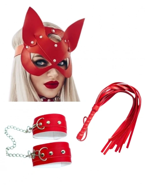 Fantezi Deri Seksi Kırmızı Kedi Maske Kelepçe Kırbaç Seti ( 3lü Set)