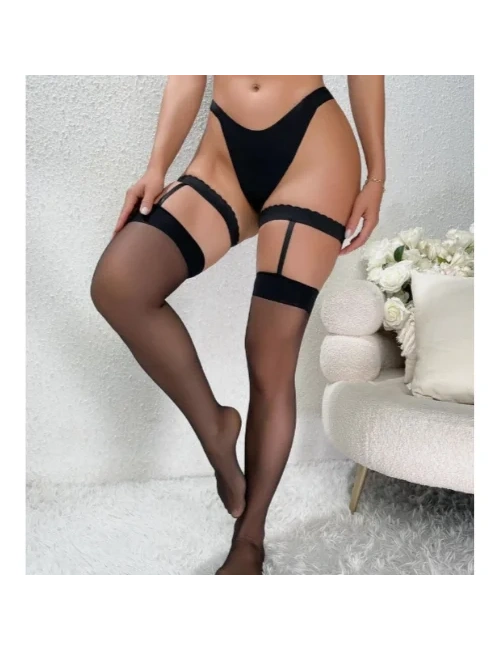 Fantezi Kadın Siyah Dantel Bacak Bantlı String Jartiyer Çorap Takımı