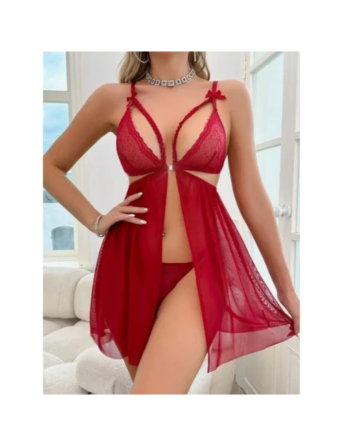 Fantezi Kırmızı Dantel Sütyenli Transparan Gecelik
