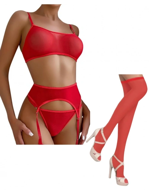 Fantezi Kırmızı Transparan Tül Jartiyer Takımı