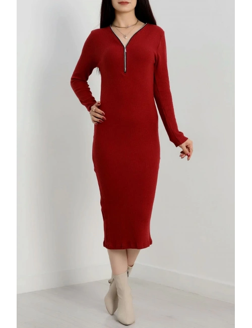 Fermuar detaylı fitilli şardonlu elbise bordo