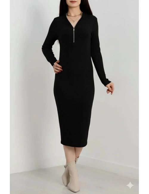 Fermuar detaylı fitilli şardonlu elbise siyah