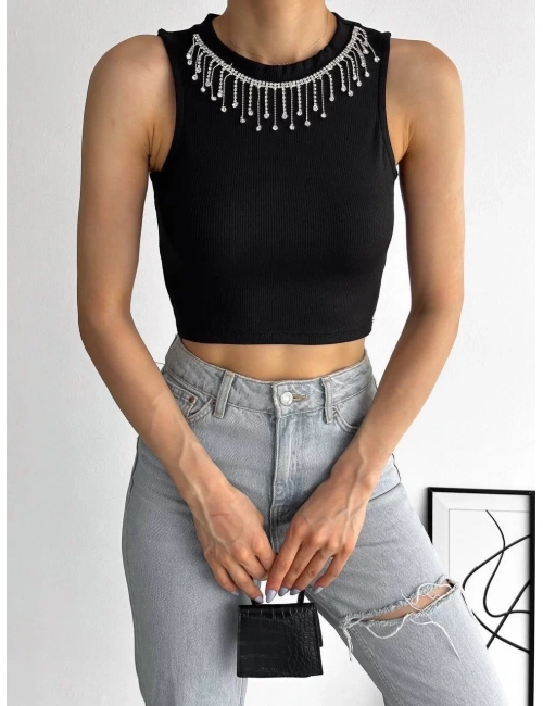 fitilli kaşkorse yakası zincirli atlet siyah