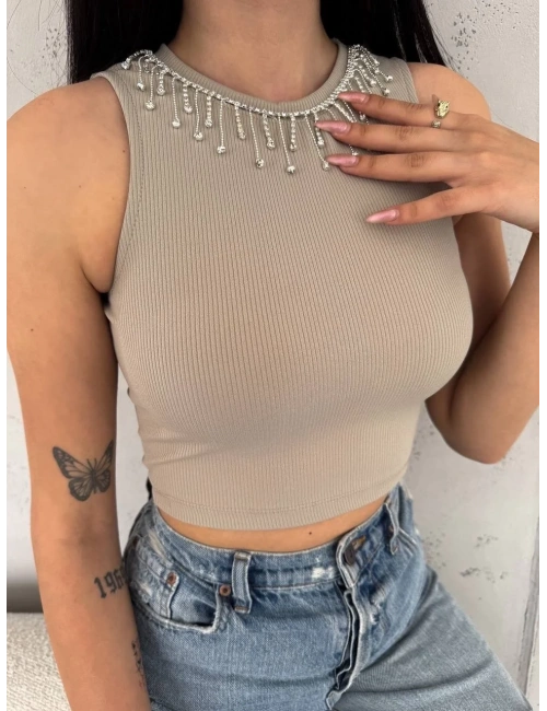 fitilli kaşkorse yakası zincirli atlet vizon