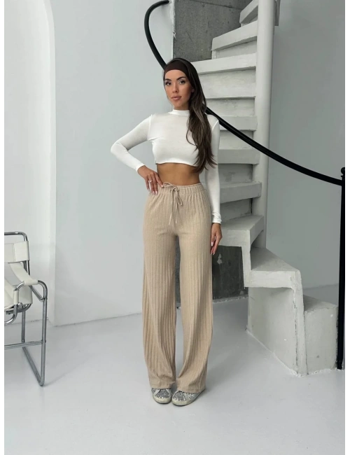 Fitilli şardonlu pantolon bej