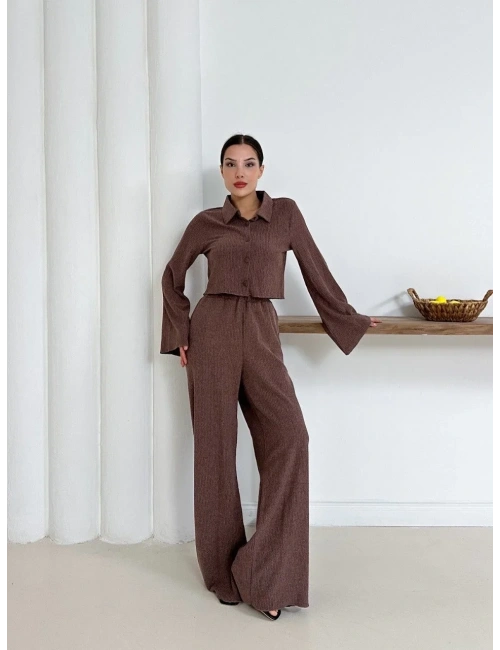 Gömlek yaka kaplama düğmeli takım kahve st265866