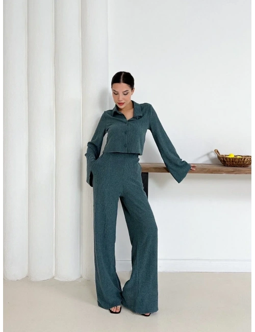 Gömlek yaka kaplama düğmeli takım petrol yeşili st265866