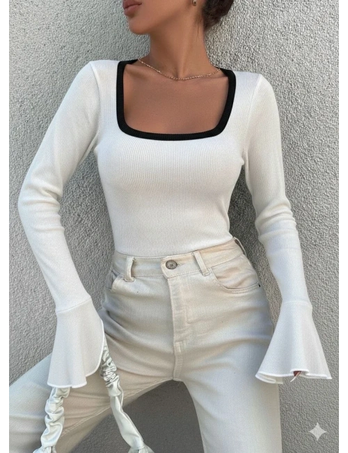 Kare yaka garni detay ispanyol kol bluz beyaz a3105