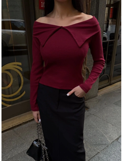 Kelebek yaka uzun kol bluz bordo