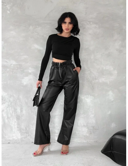Kendinden ince kemerli deri pantolon siyah