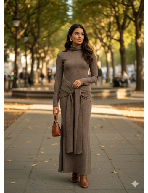 Kendinden kemerli uzun elbise vizon