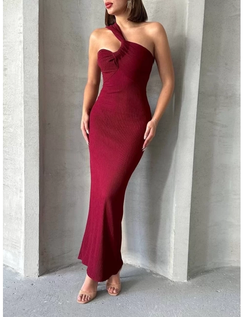 Krinkıl tek omuz uzun elbise bordo s25455