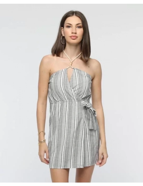 Kuşaklı çizgili mini keten elbise