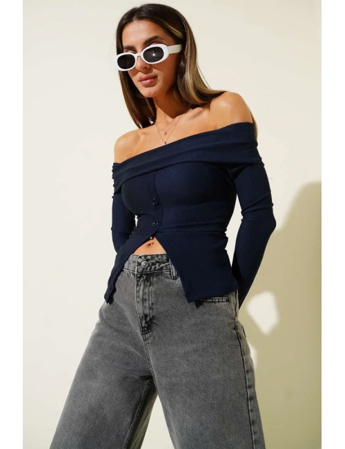 Madonna Yaka Düğmeli Bluz Lacivert t4329