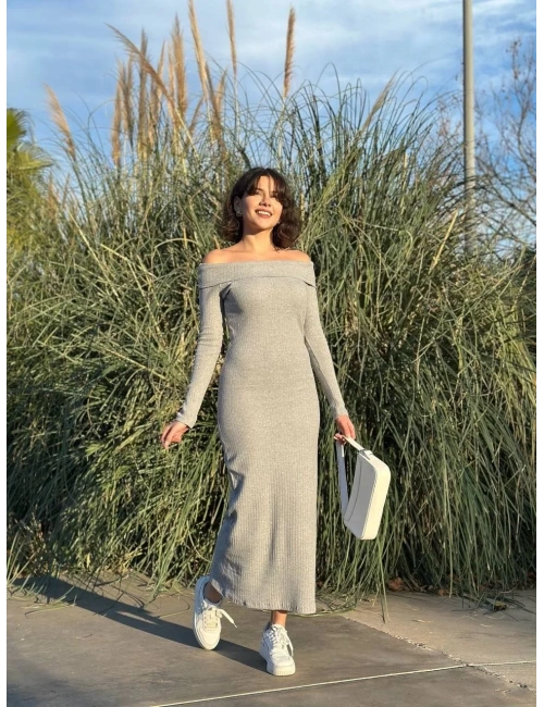 Madonna yaka uzun elbise şardonlu kumaş gri w3753