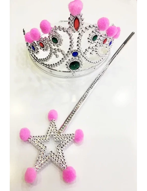 NessiWorld Pembe Ponponlu Gümüş Renk Prenses Tacı ve Gümüş Renk Prenses Asası