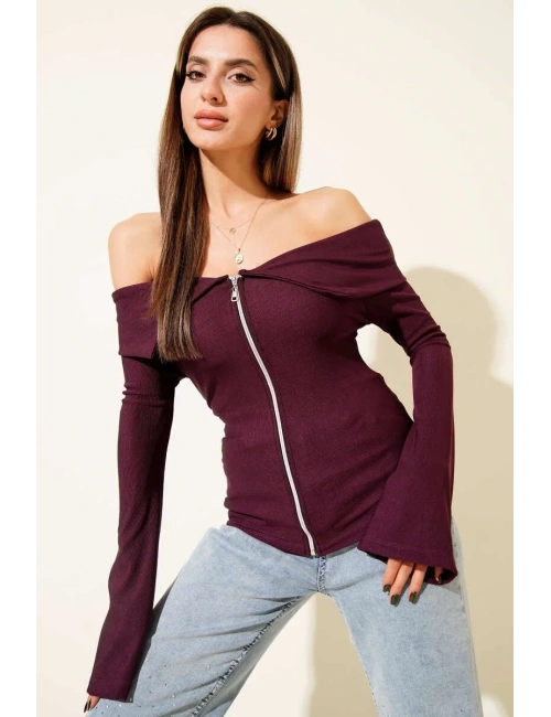 Omzu Açık Fermuarlı Bluz Mürdüm T4330
