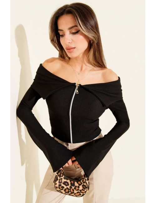 Omzu Açık Fermuarlı Bluz siyah T4330