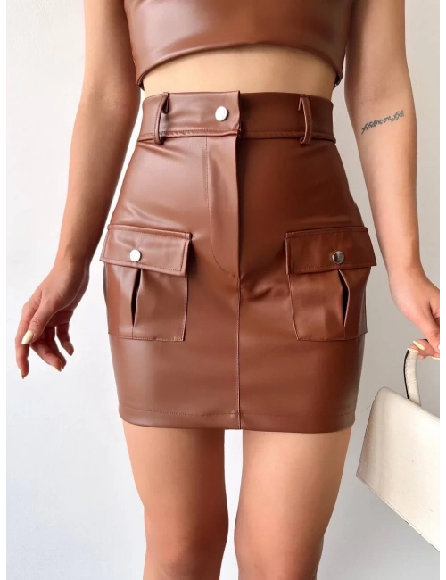 Önden iki cepli deri etek kahve h240040