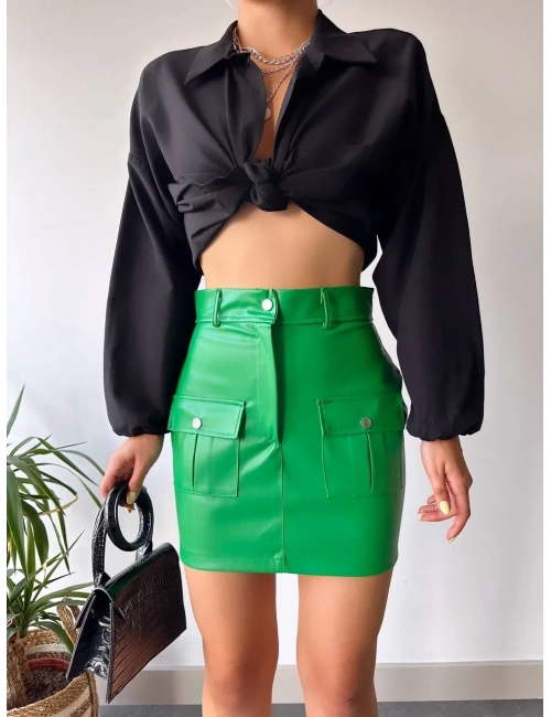 Önden iki cepli deri etek yeşil h240040