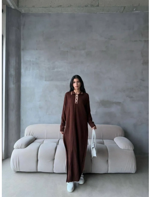 Pantolon yırtmaçlı elbise ikili triko takım kahve elf