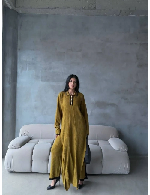 Pantolon yırtmaçlı elbise ikili triko takım yeşil elf